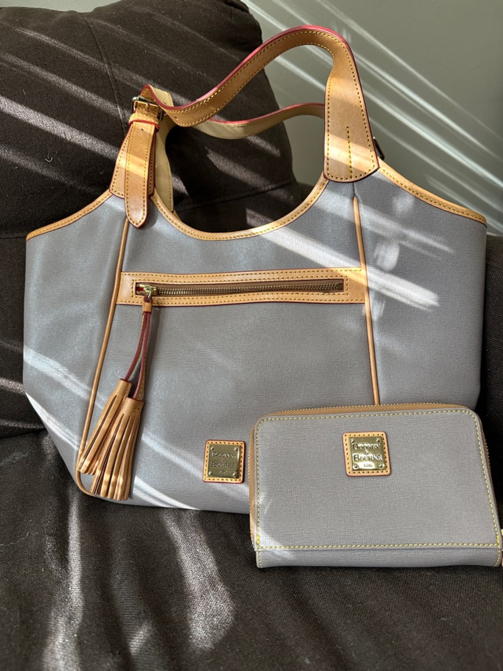 Dooney & Bourke Gray Canvas Tote with Tan Leather Trim and Matching Wallet